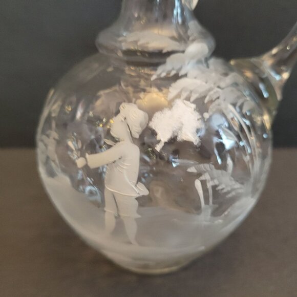Mary Gregory Hand-Painted Clear Glass Pitcher With Handle Etched Child Scene - Picture 2 of 6